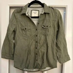 Vintage Abercrombie & Fitch Y2K Army Green Button Down Blouse Moose Logo Size S